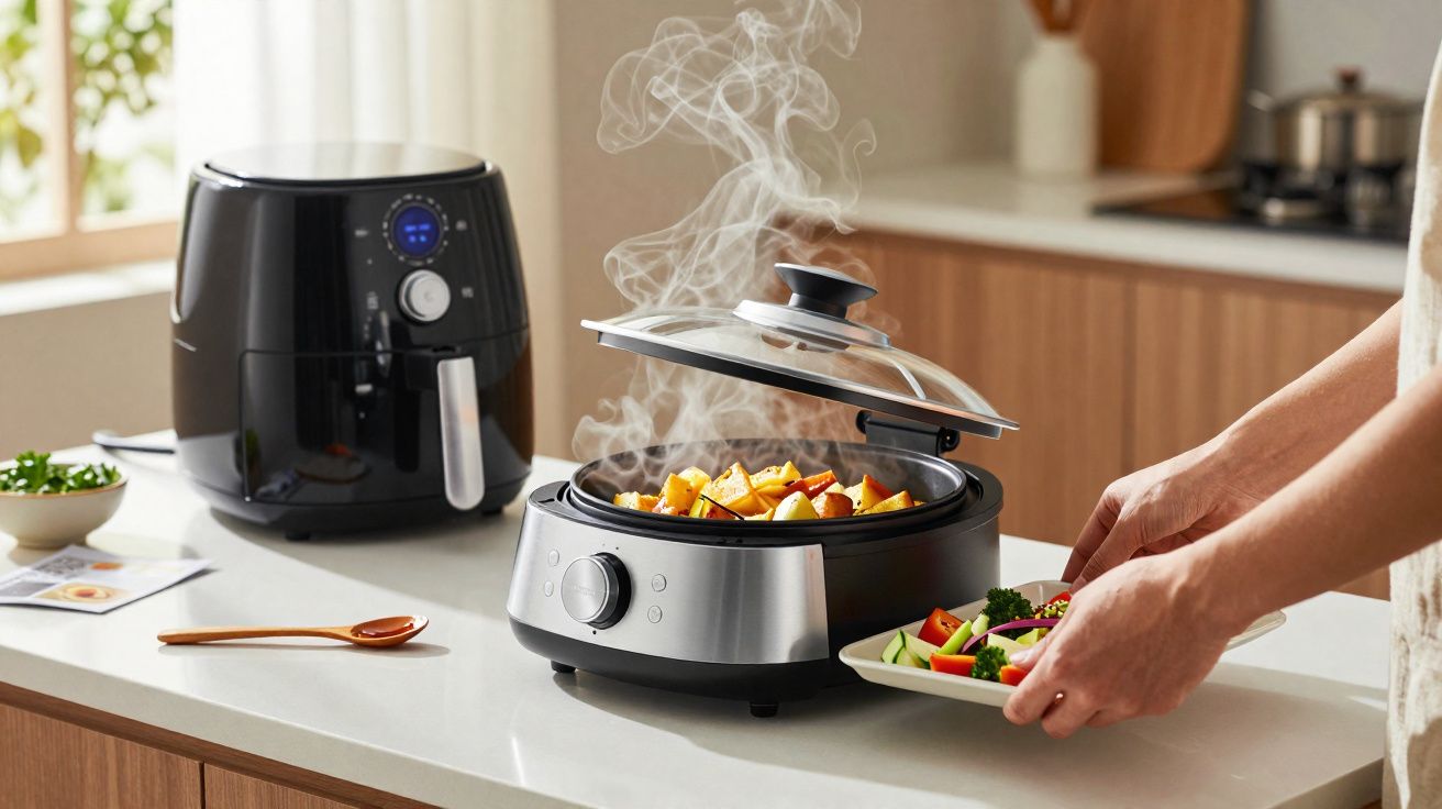 Fogão elétrico com panela aberta soltando vapor e pessoa servindo legumes na cozinha moderna.