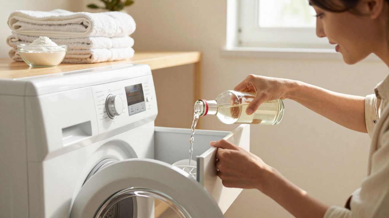 Mulher despejando detergente líquido na gaveta de máquina de lavar roupa branca em lavanderia iluminada.