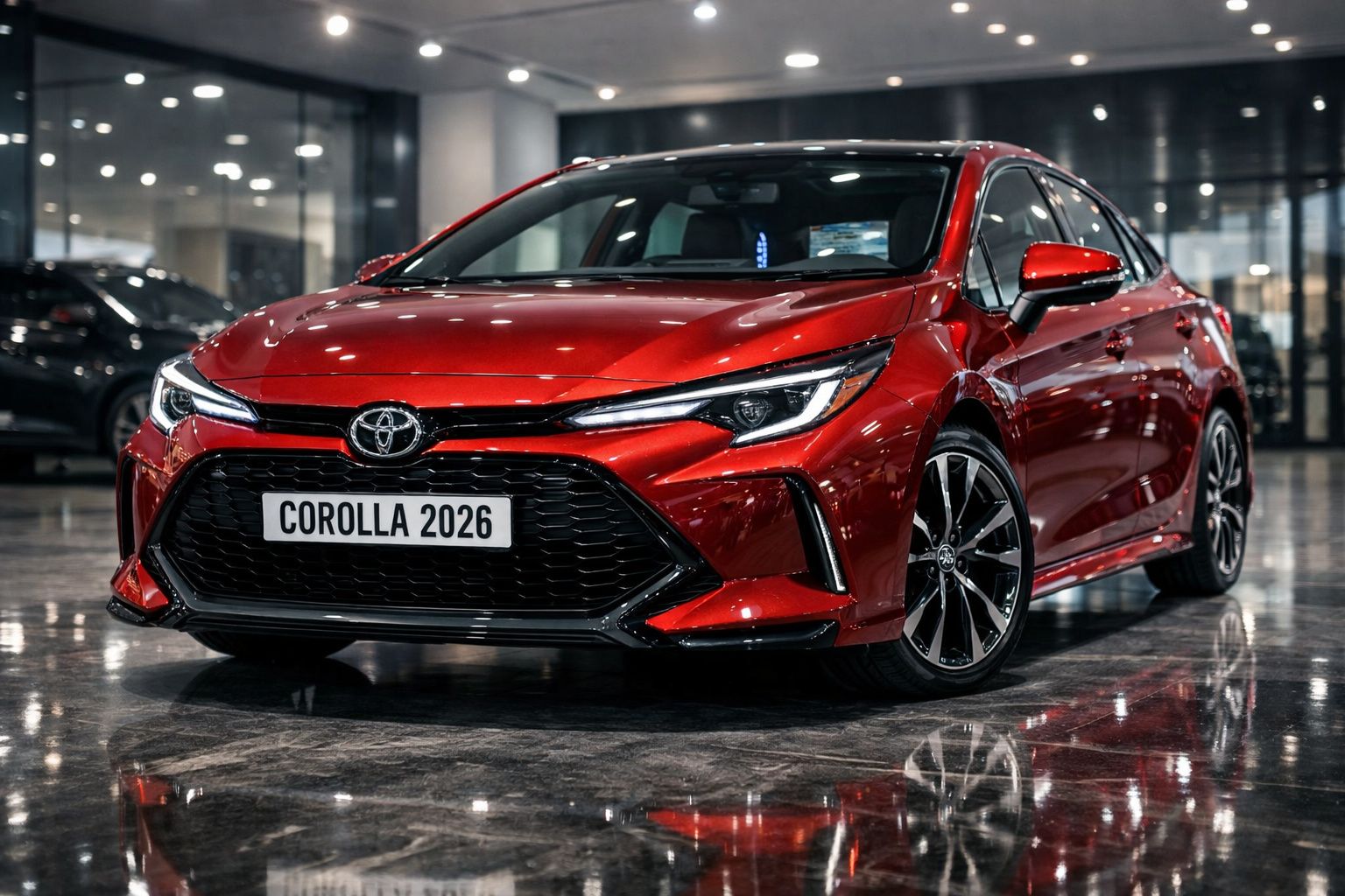 Carro Toyota Corolla 2026 vermelho em showroom com iluminação refletida no piso brilhante.