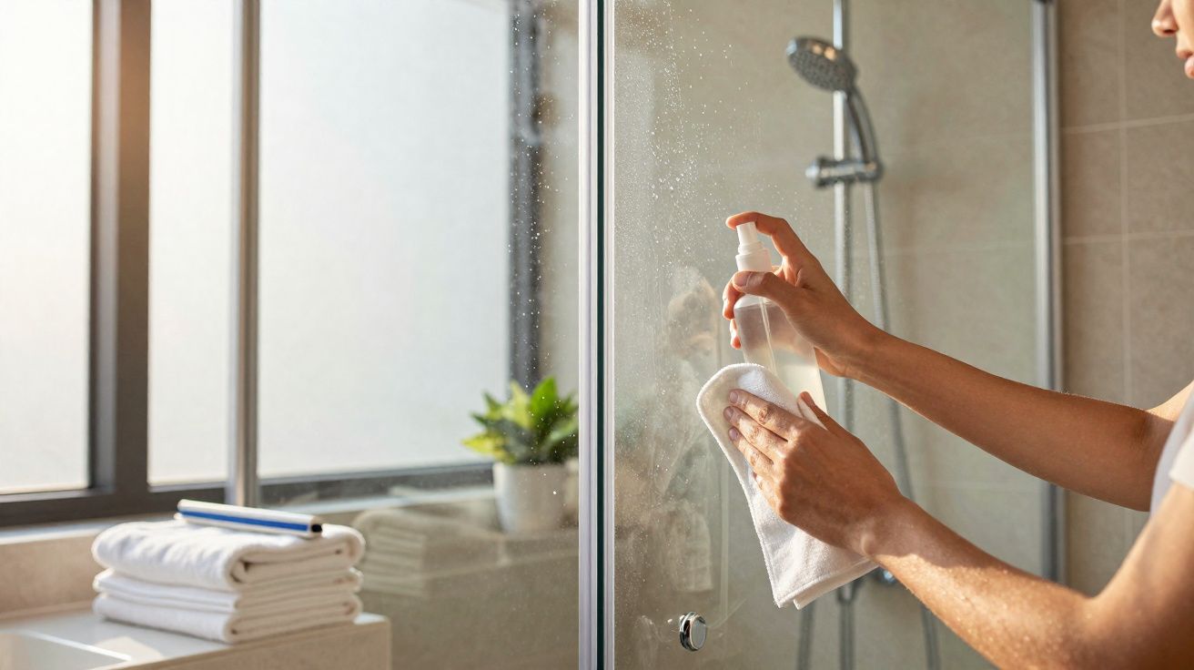 Pessoa limpando porta de vidro no box do banheiro com pano e borrifador transparente.