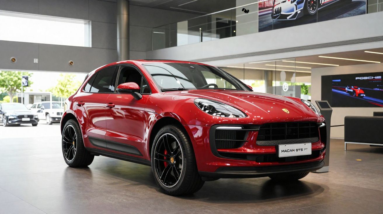 SUV esportivo vermelho Porsche Macan GTS em exposição dentro de concessionária moderna.