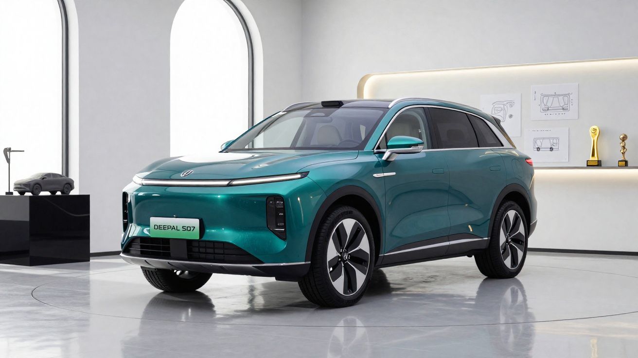 Carro elétrico Deepal S07 verde em ambiente interno moderno com prêmios e modelo em miniatura ao fundo.