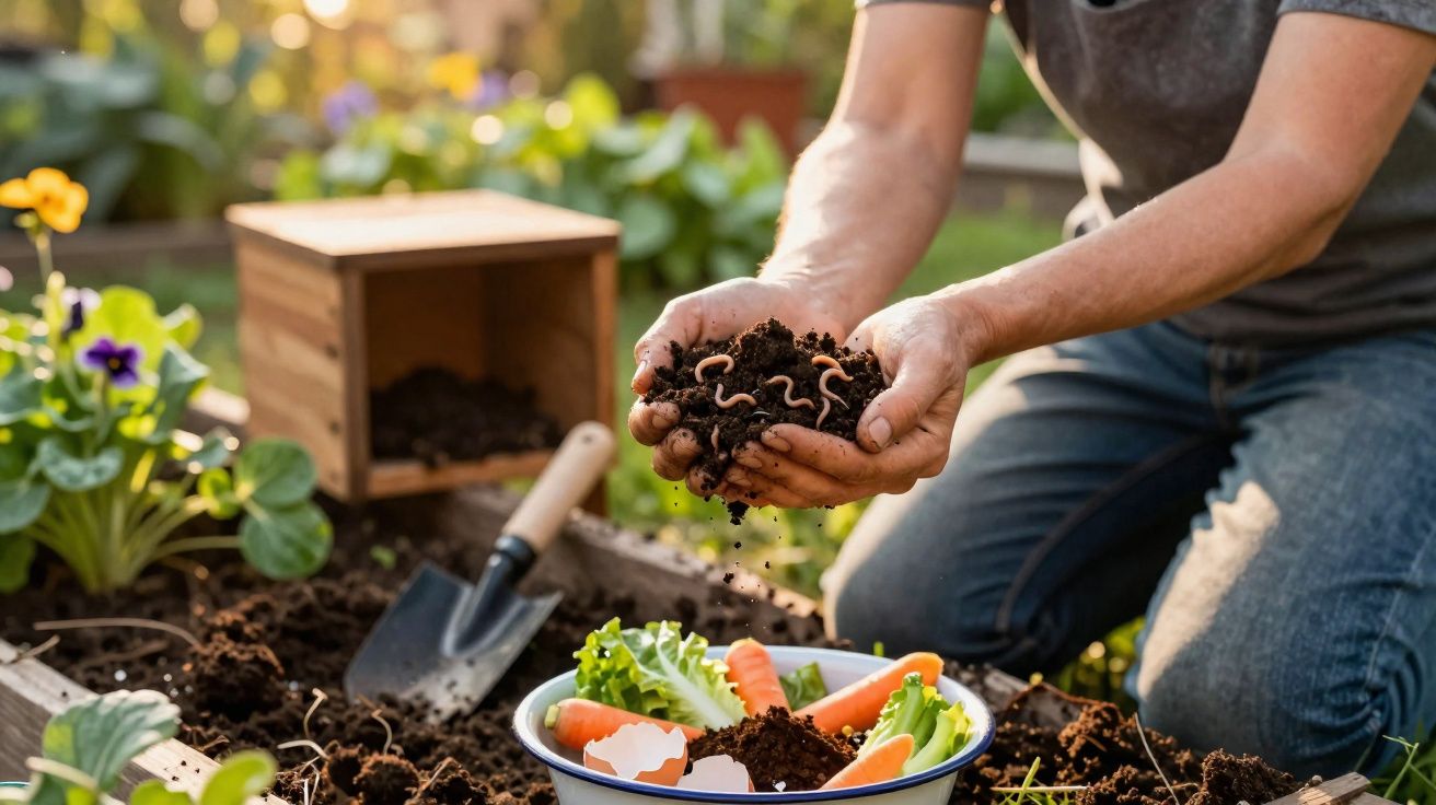 Pessoa segurando terra com minhocas para compostagem, com legumes e utensílios em canteiro de jardim.