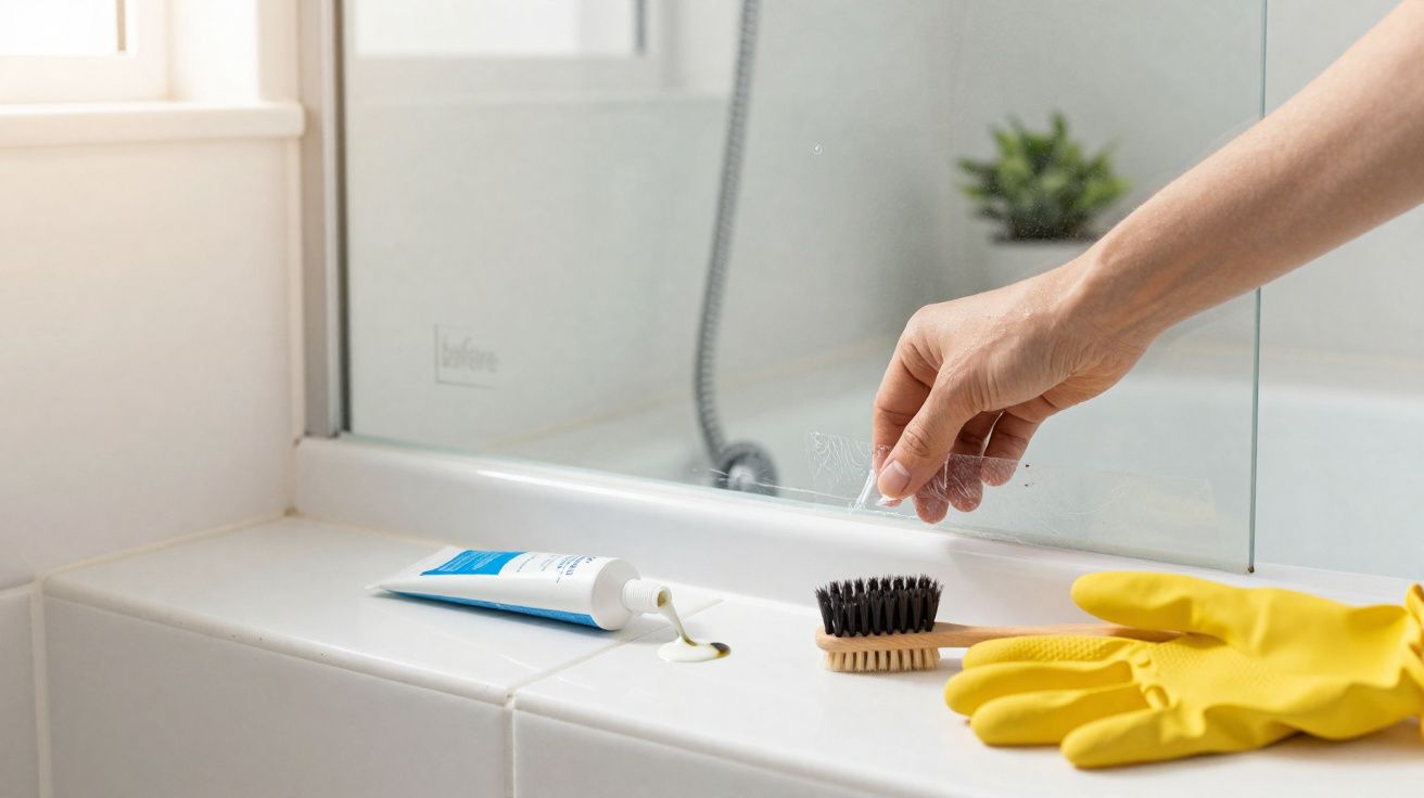 Mão com luvas amarelas removendo adesivo em vidro de box de banheiro com escova e tubo de creme branco.