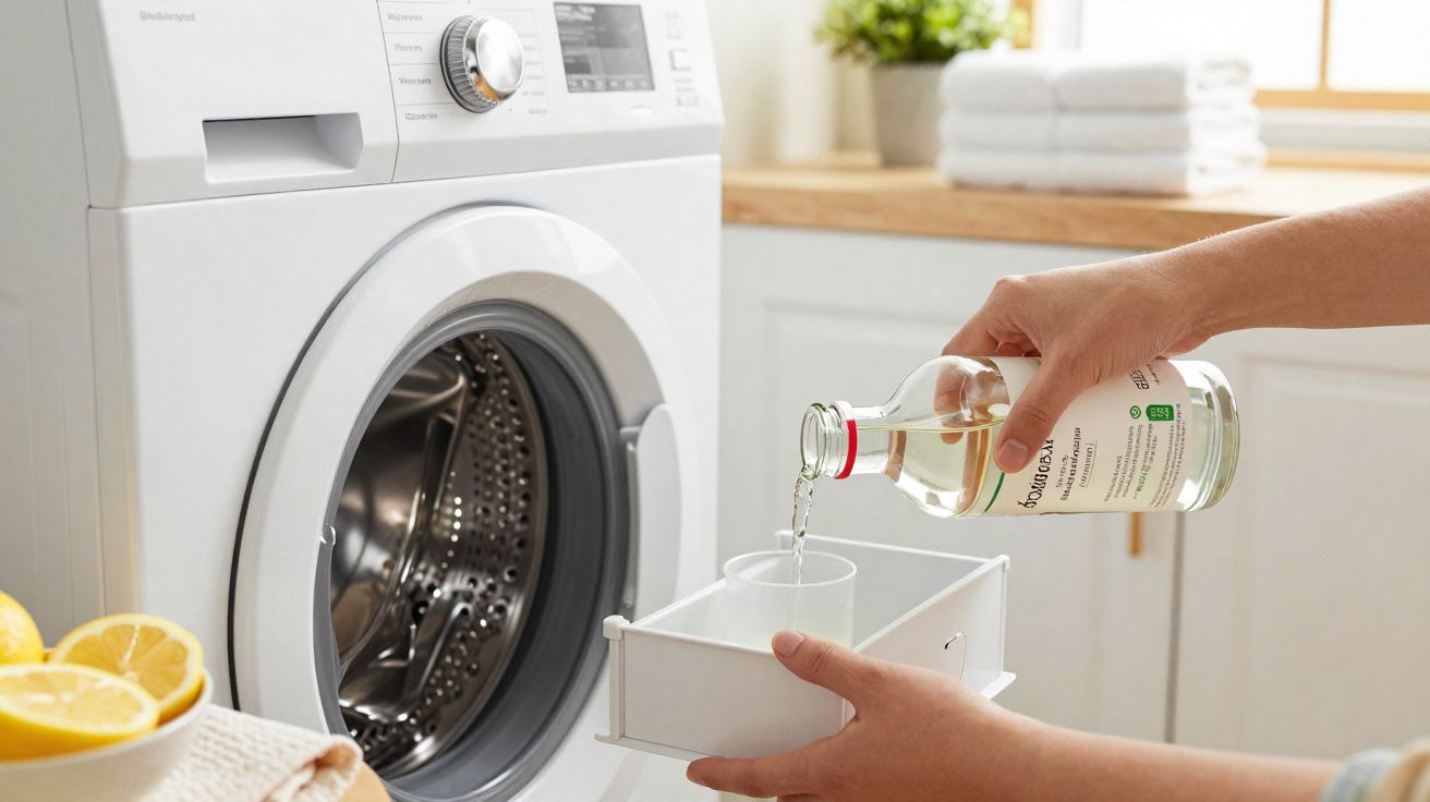 Pessoa derramando vinagre branco em compartimento de lava-roupas branca em lavanderia iluminada.