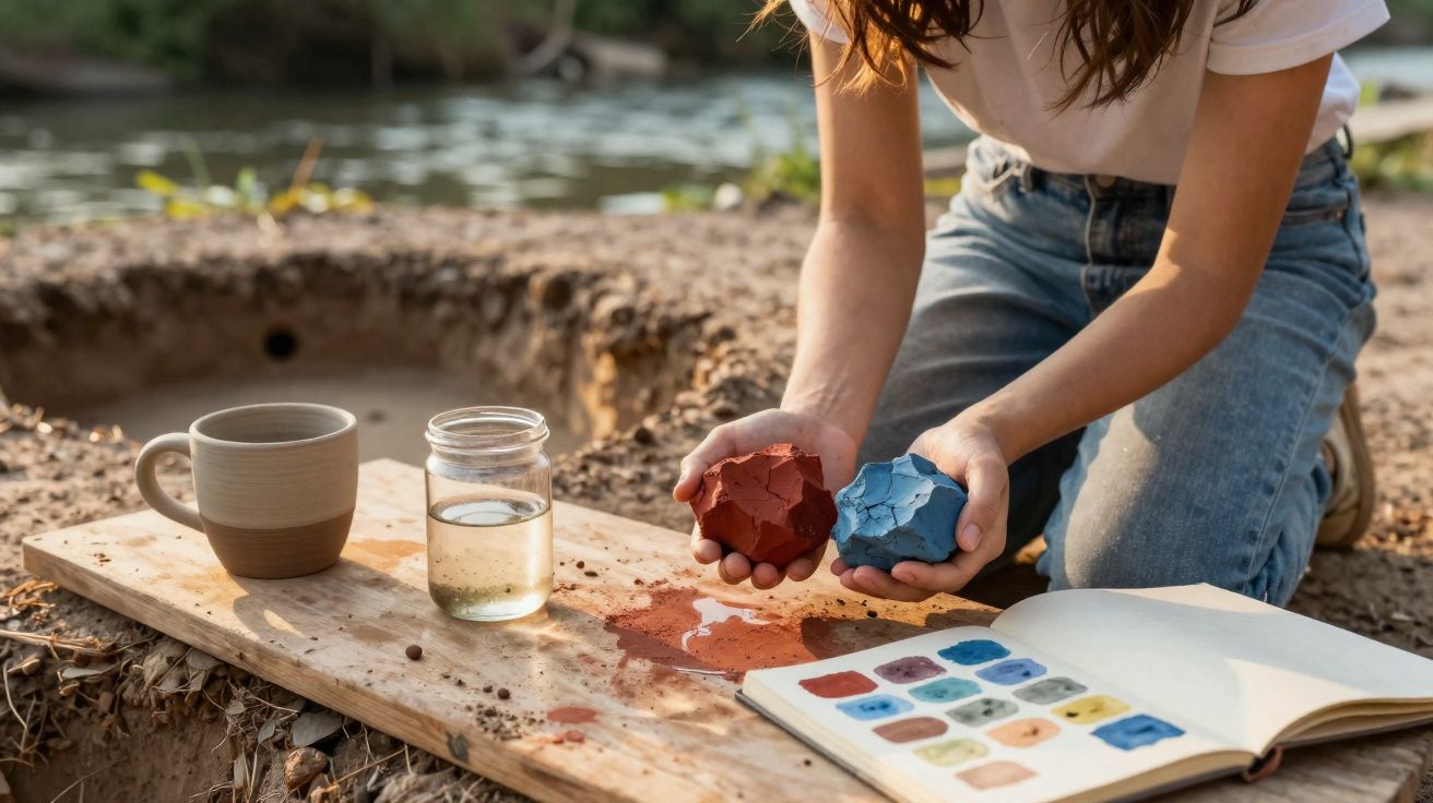 Pessoa segurando dois blocos de argila vermelha e azul ao lado de caderno, copo de água e caneca, ao ar livre.