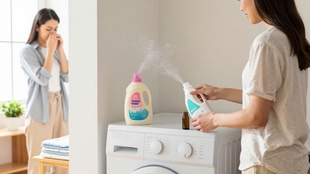 Mulher borrifando produto em máquina de lavar enquanto outra segura nariz por mau cheiro.