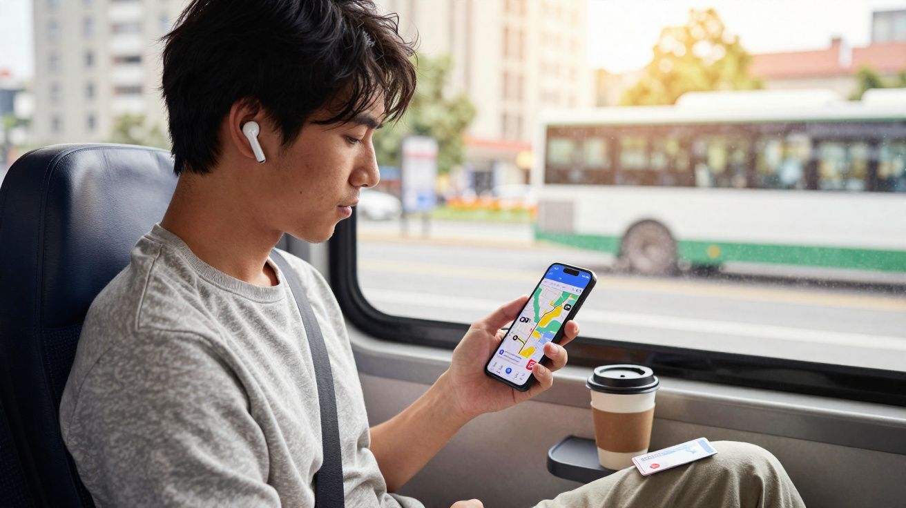 Jovem sentado no ônibus usando fone de ouvido e olhando mapa de rota no celular com café ao lado.