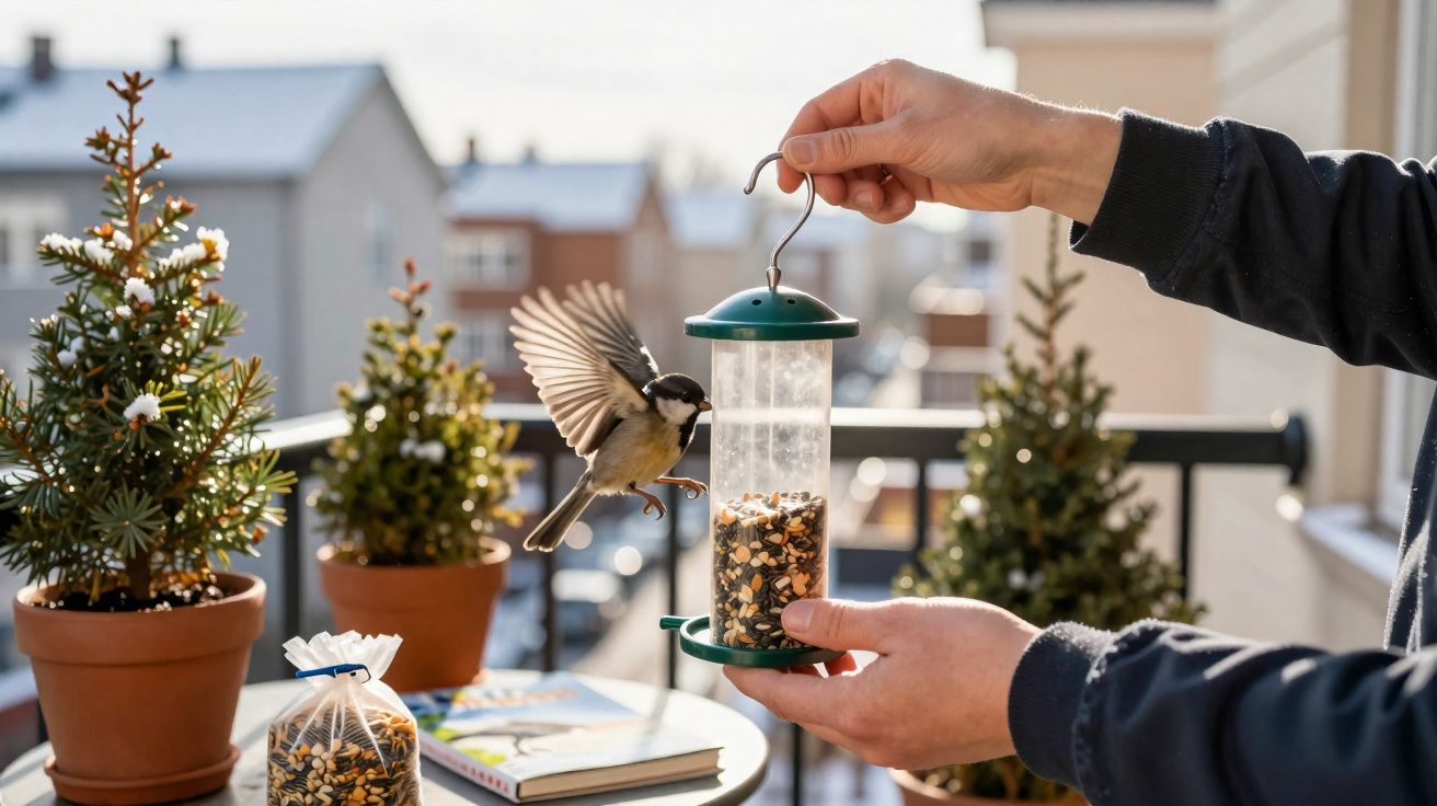 Mão segurando comedouro de pássaros no terraço, enquanto um pássaro voa para se alimentar.