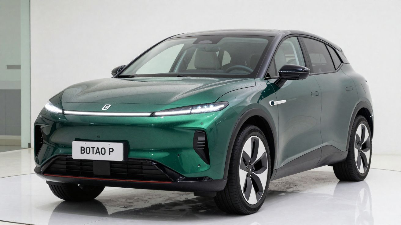 Carro SUV elétrico verde metálico exibido em ambiente interno com iluminação clara e detalhes modernos.