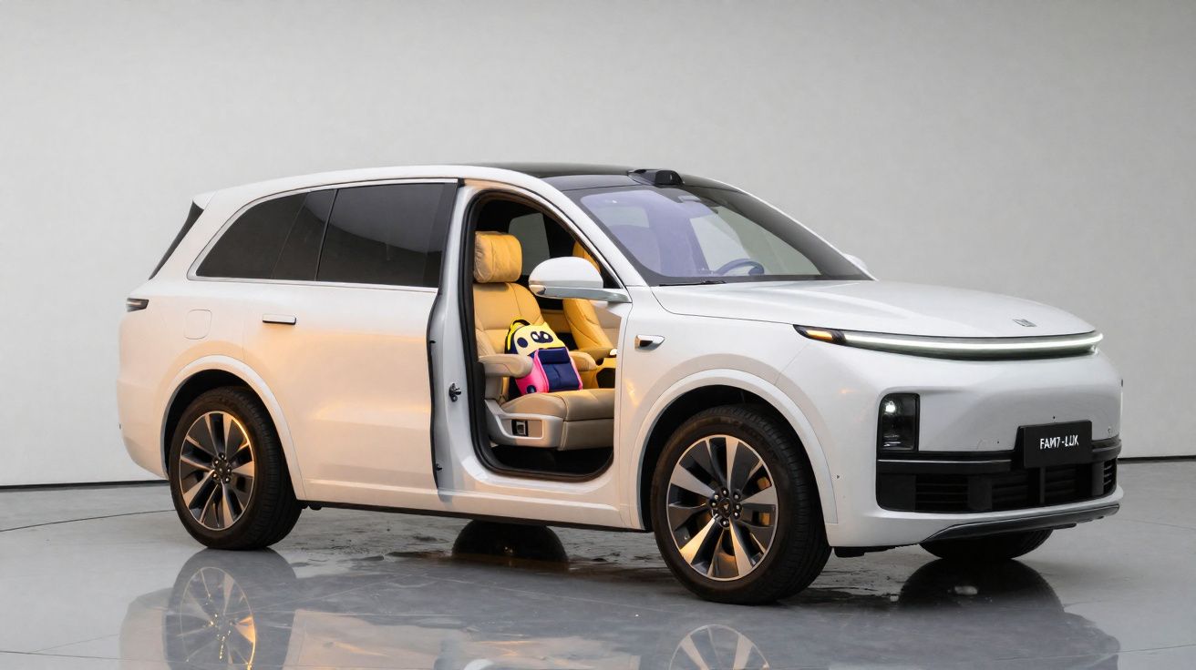 Carro elétrico branco com porta dianteira aberta mostrando interior bege e pelúcia amarela no banco do passageiro.