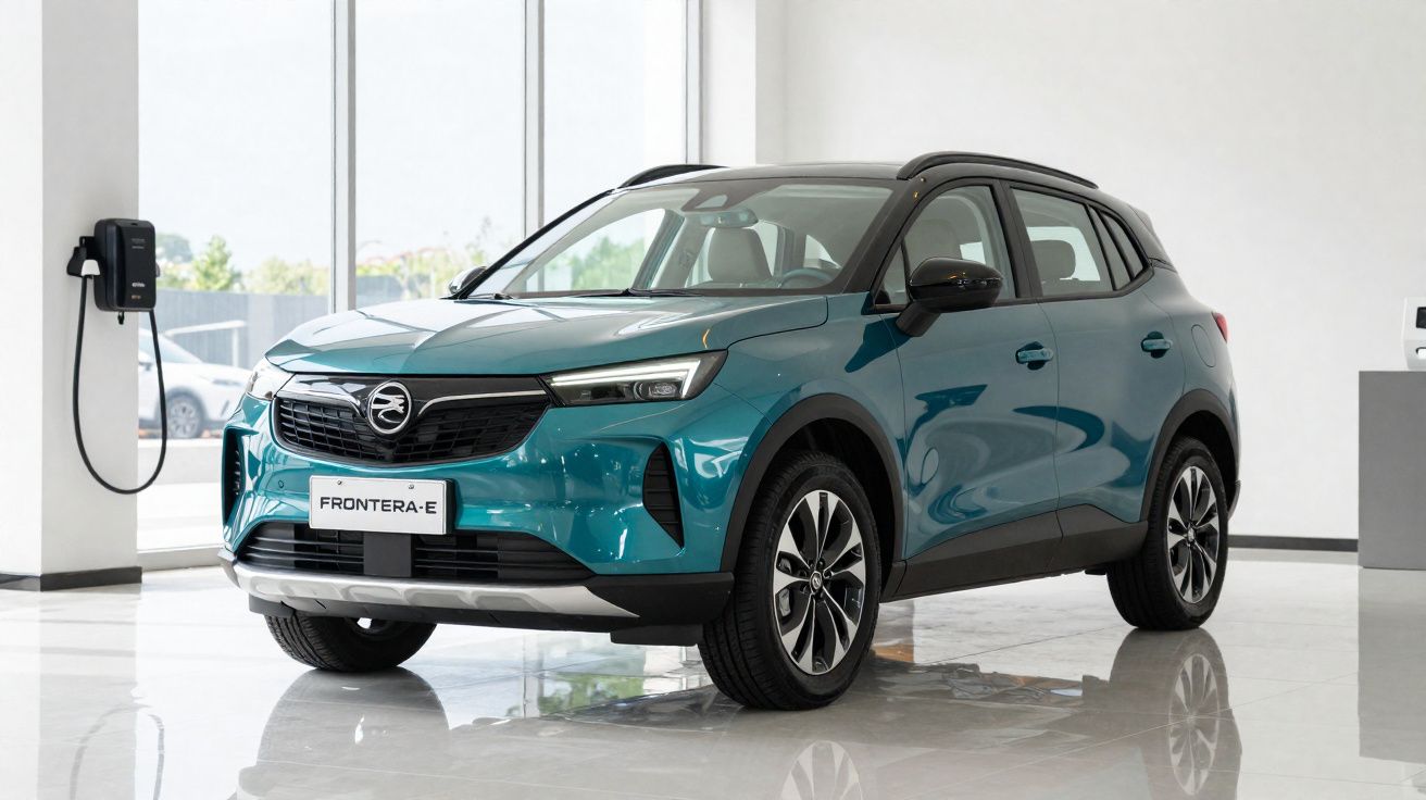 SUV elétrico azul-esverdeado modelo Frontera-E estacionado em showroom branco com carregador instalado na parede.