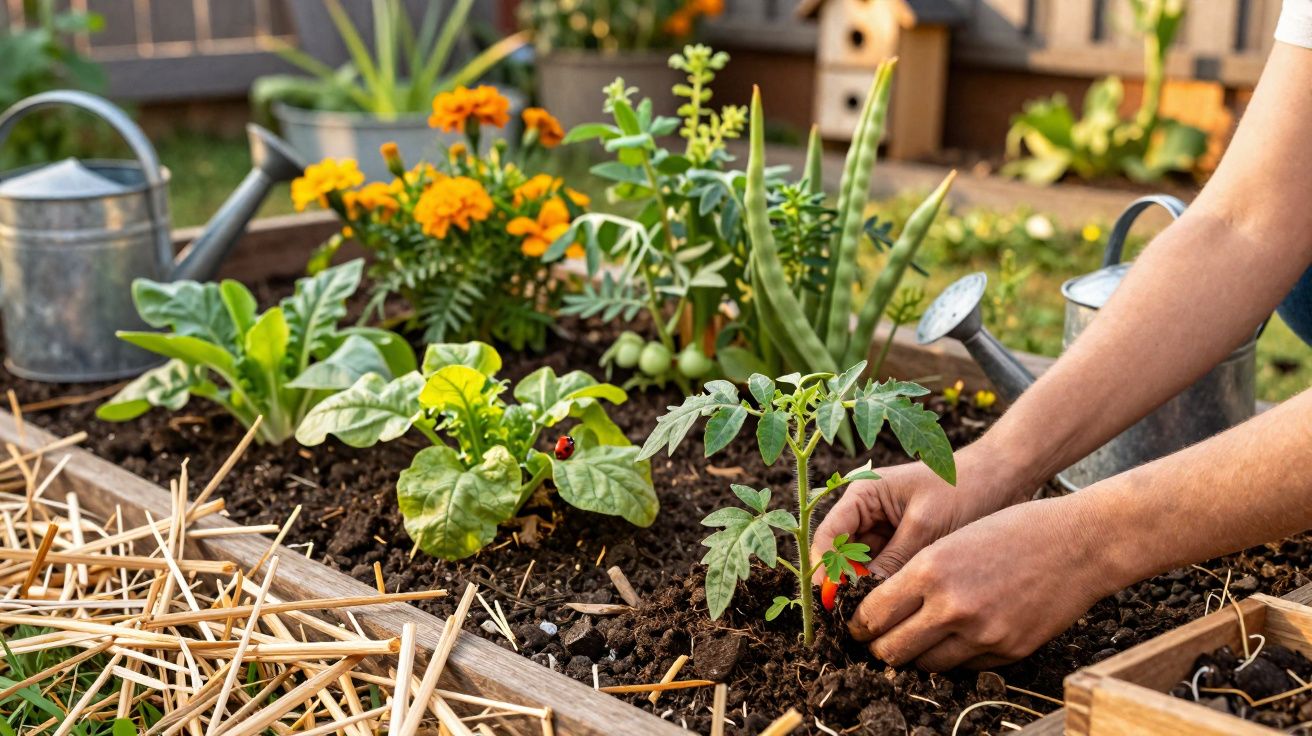 Mãos plantando muda de tomate em horta com flores e regadores ao fundo.