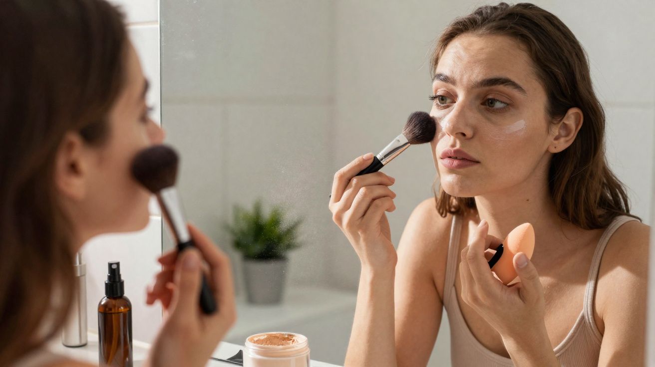 Mulher aplicando maquiagem com pincel e esponja em frente ao espelho no banheiro.