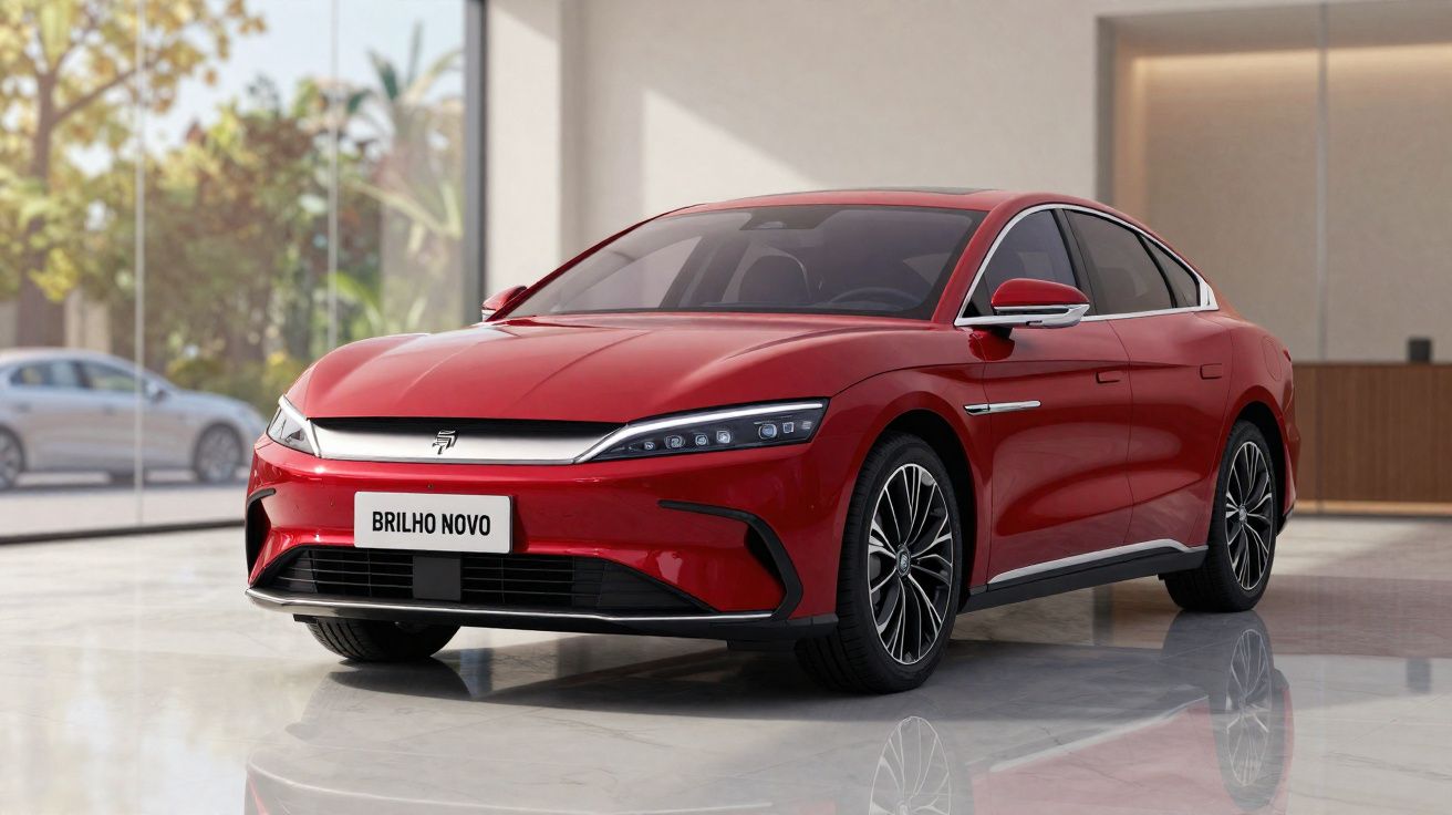 Carro sedan vermelho moderno estacionado em ambiente interno com chão reflexivo e luz natural.