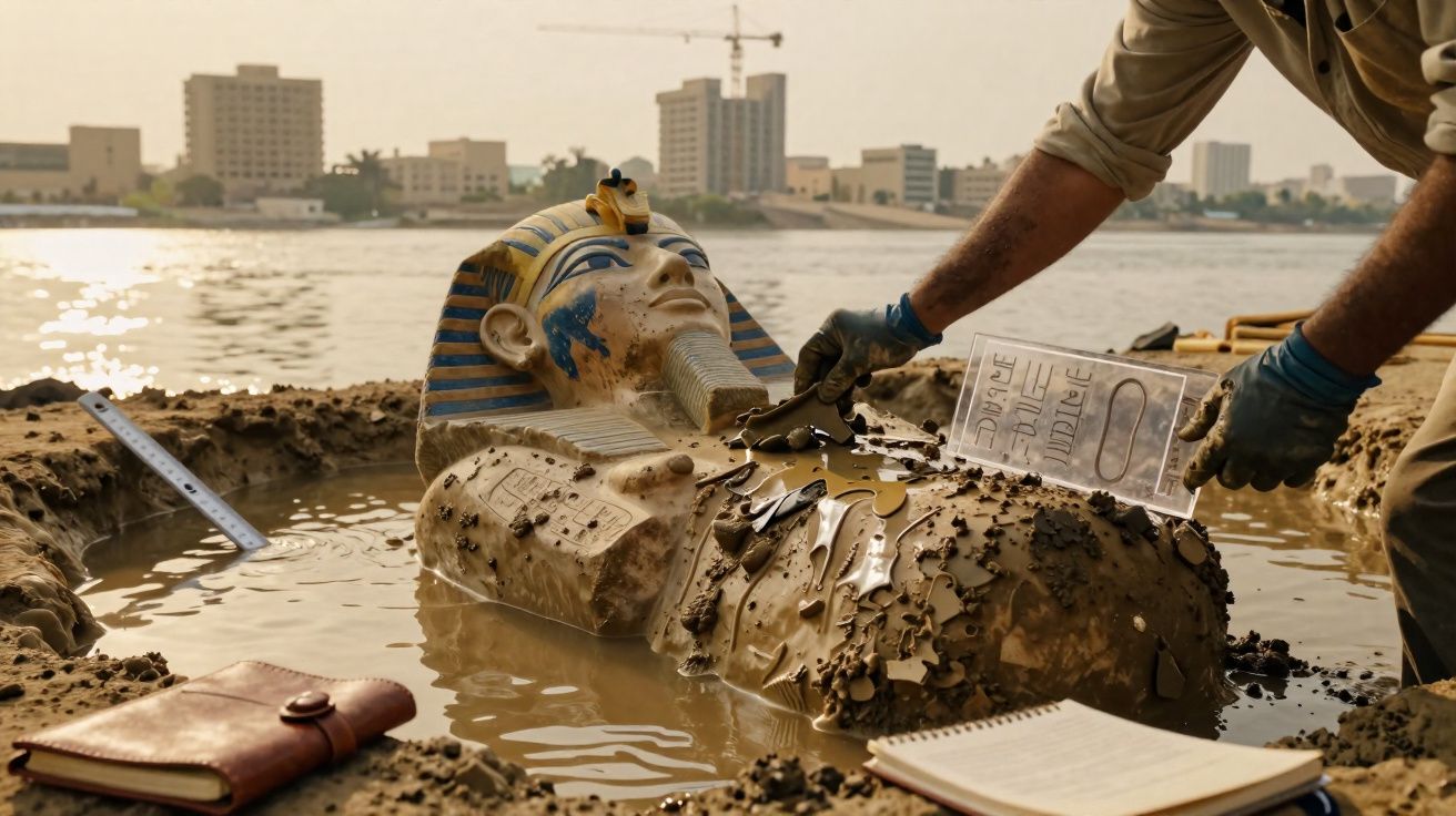 Escultor desenterra réplica da máscara funerária de Tutancâmon em lagoa com prédios ao fundo.