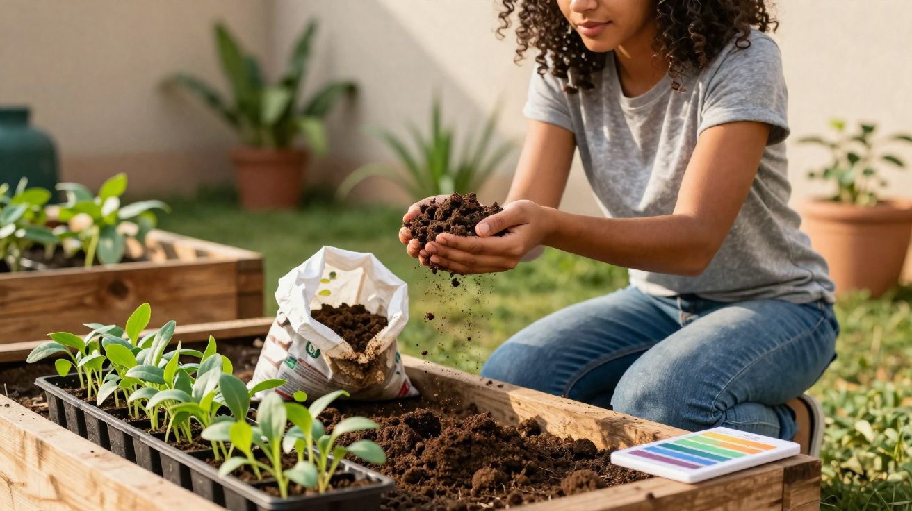 Mulher com camiseta cinza e jeans cuidando da terra em canteiro de madeira com mudas verdes.