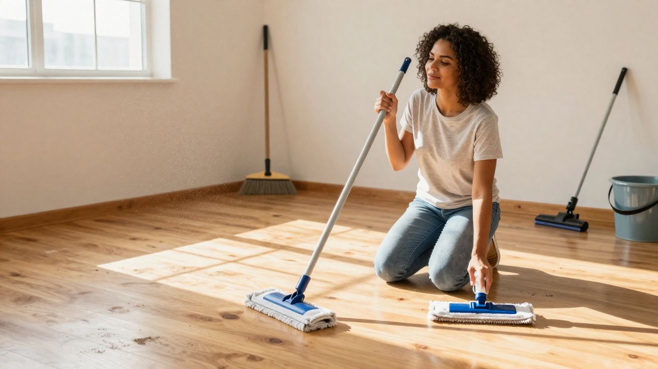 Mulher ajoelhada limpando chão de madeira com esfregão em sala iluminada pelo sol.
