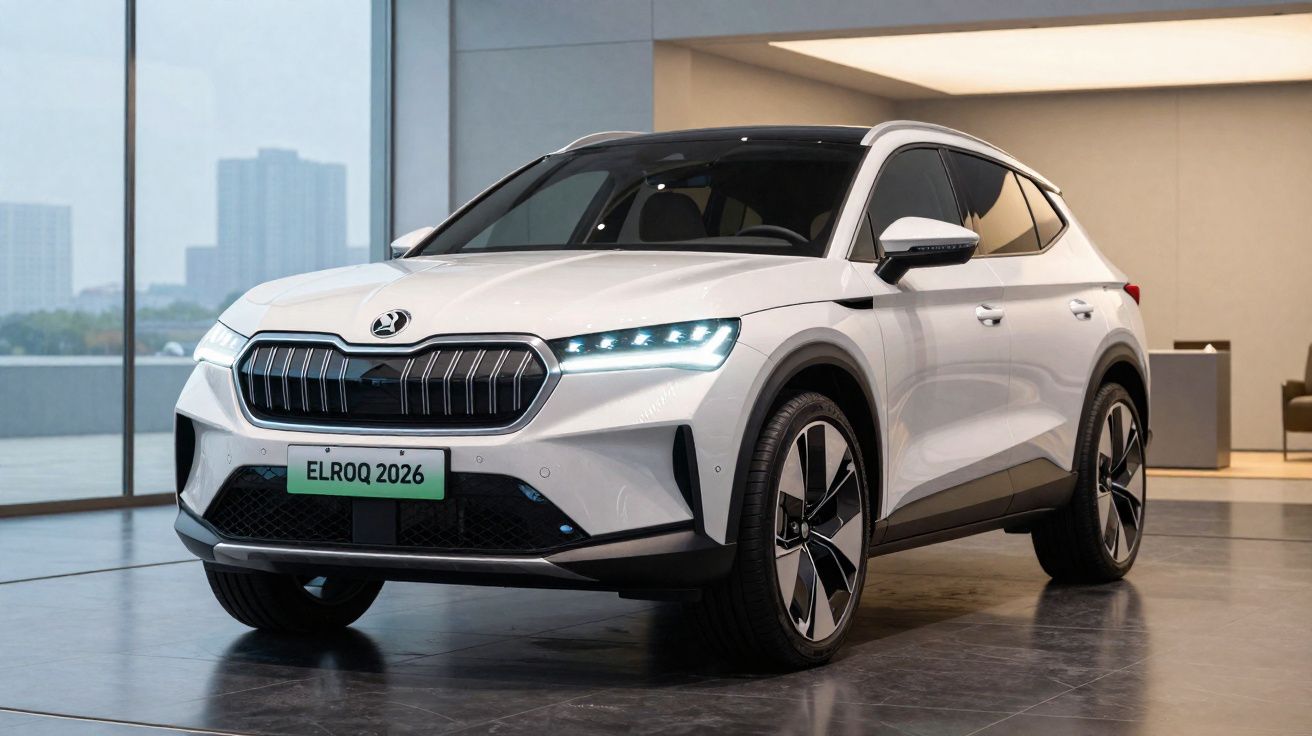 Carro SUV elétrico branco Škoda Elroq 2026 em ambiente interno moderno e iluminado.