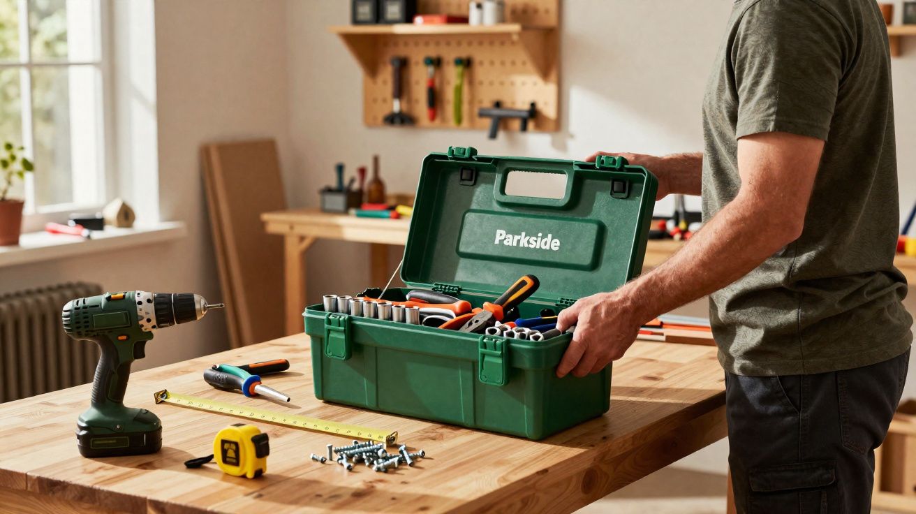 Pessoa abrindo caixa de ferramentas verde cheia de ferramentas sobre mesa em oficina iluminada.