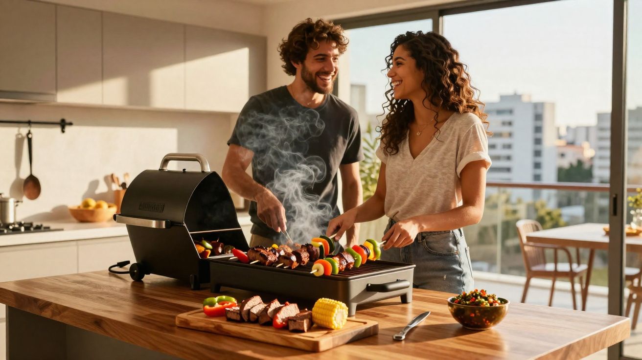 Casal feliz preparando espetinhos e legumes na churrasqueira elétrica na cozinha moderna com janela grande.
