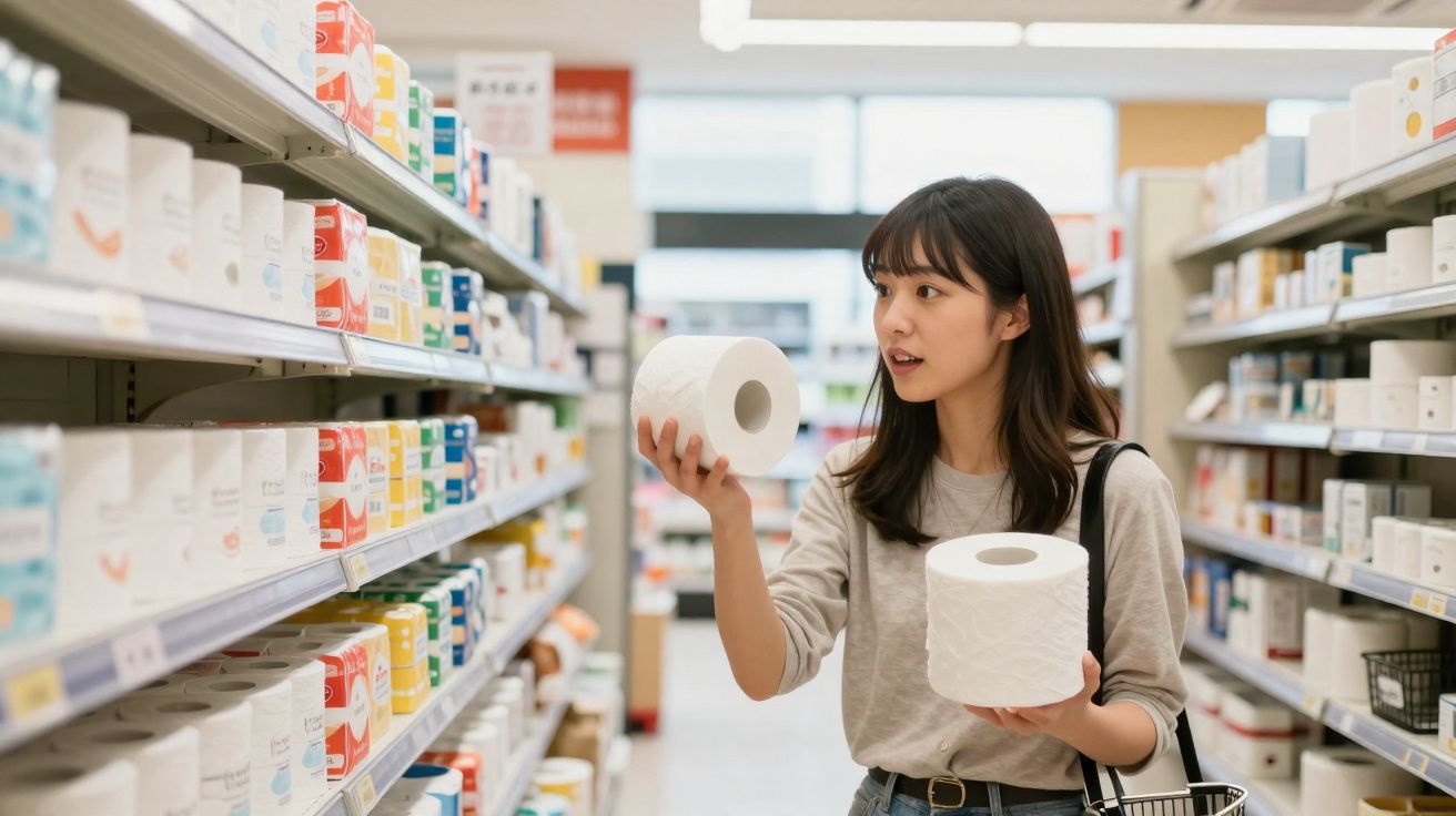 Mulher jovem analisando dois rolos de papel higiênico em corredor de supermercado.
