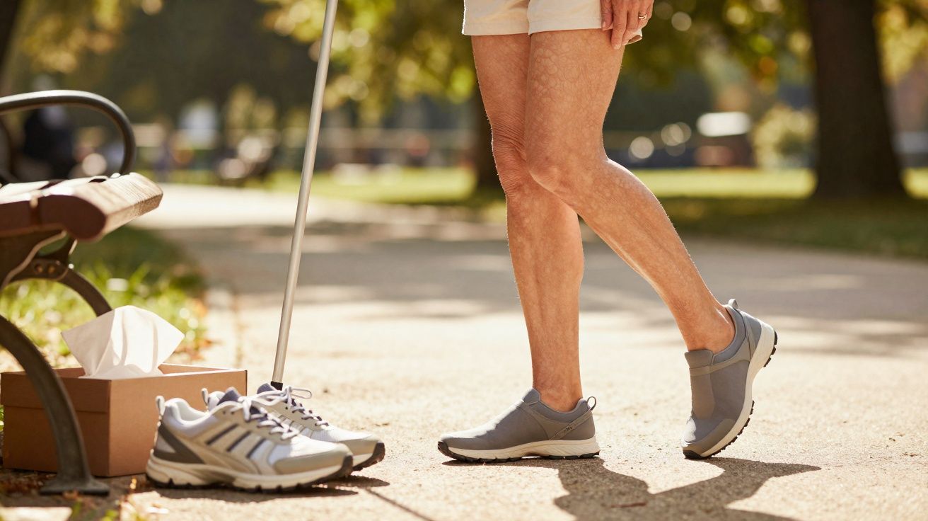 Pessoa de shorts e tênis andando com bengala em parque, ao lado de banco com caixa de lenços e tênis.