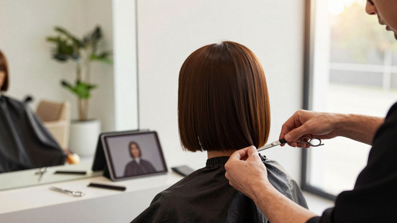 Pessoa cortando o cabelo curto de outra em salão com espelho e tablet à frente.