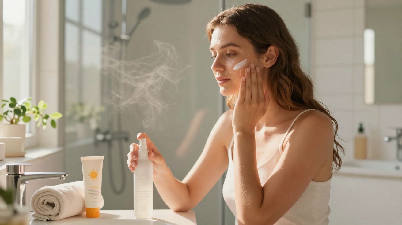Mulher aplicando creme no rosto em banheiro iluminado, com produtos e toalha ao lado da pia.