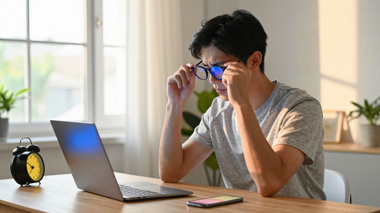 Homem tira óculos azul em frente ao notebook com relógio despertador ao lado em ambiente iluminado.