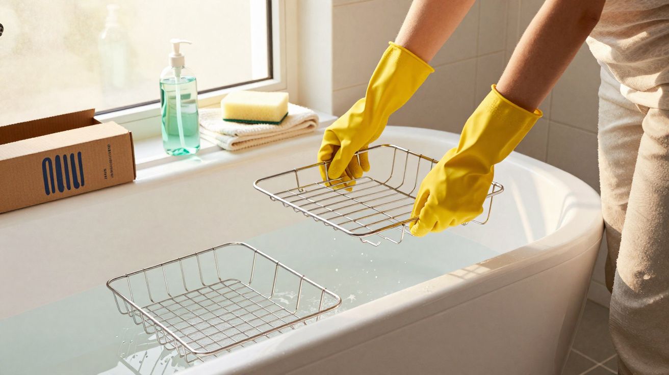Pessoa com luvas amarelas limpando grade metálica em banheira branca com água.