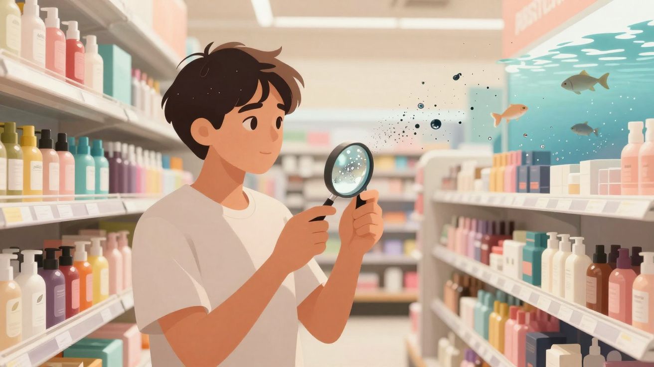 Jovem segurando lupa em supermercado, examinando partículas flutuantes próximas a prateleira de produtos.