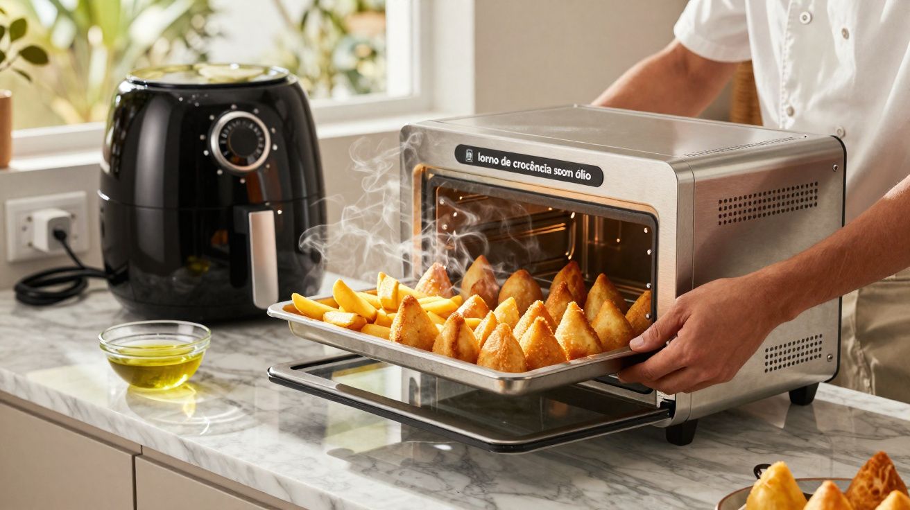 Pessoa retirando assadeira com salgados quentes de forno elétrico em cozinha clara.