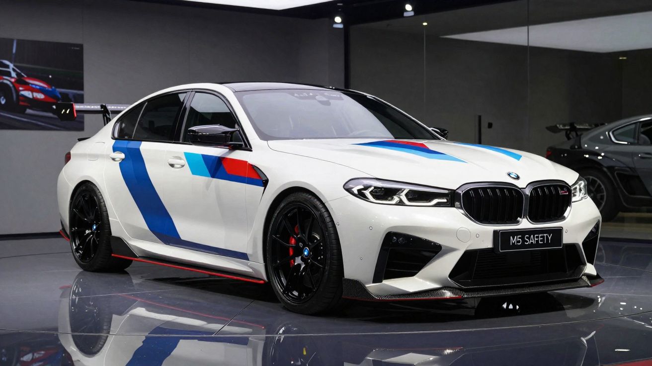 Carro esportivo BMW M5 branco com detalhes em azul e vermelho em sala com piso espelhado.