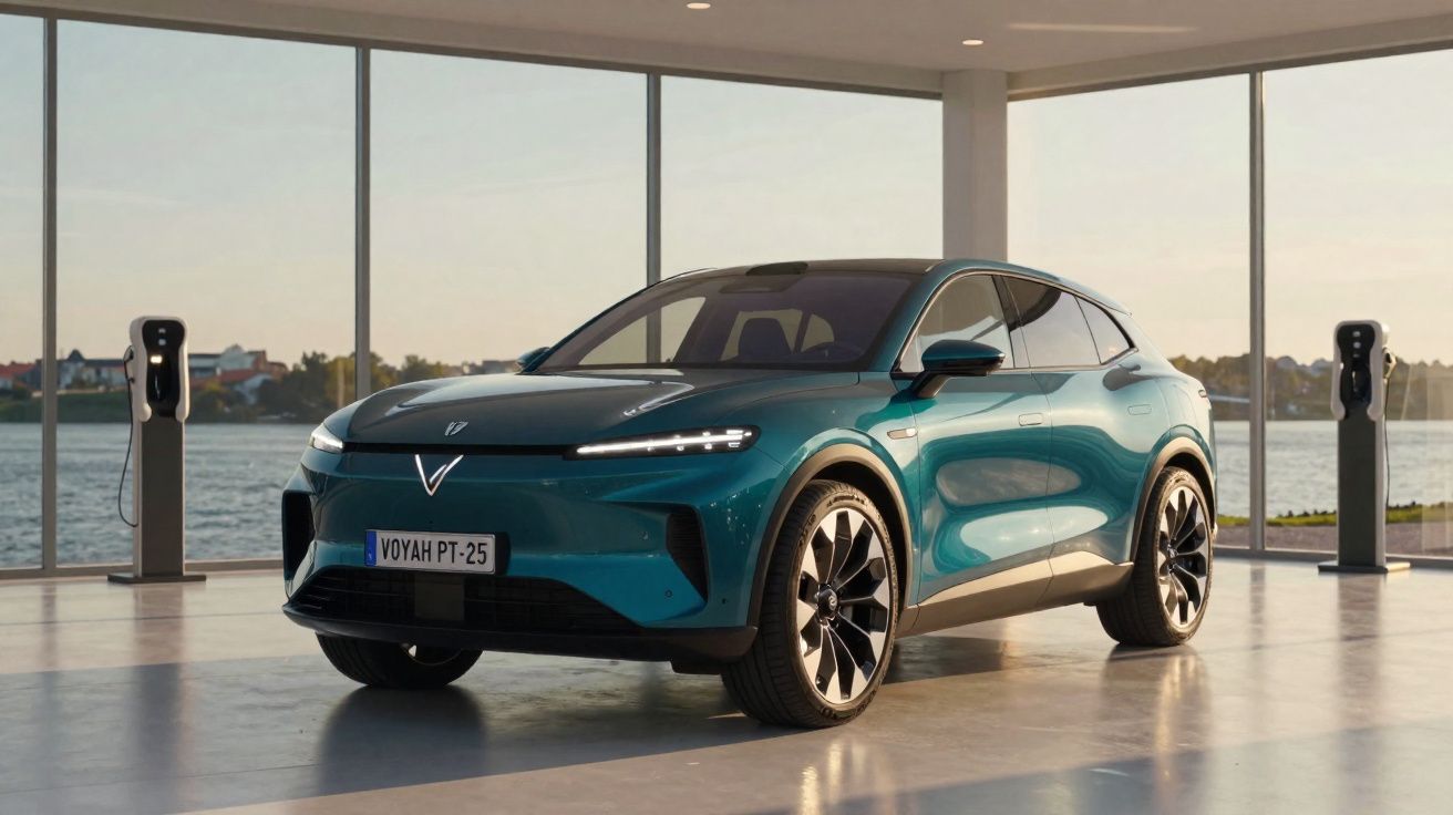 Carro elétrico azul Voyager PT-25 em showroom moderno com painéis de vidro e estações de recarga.