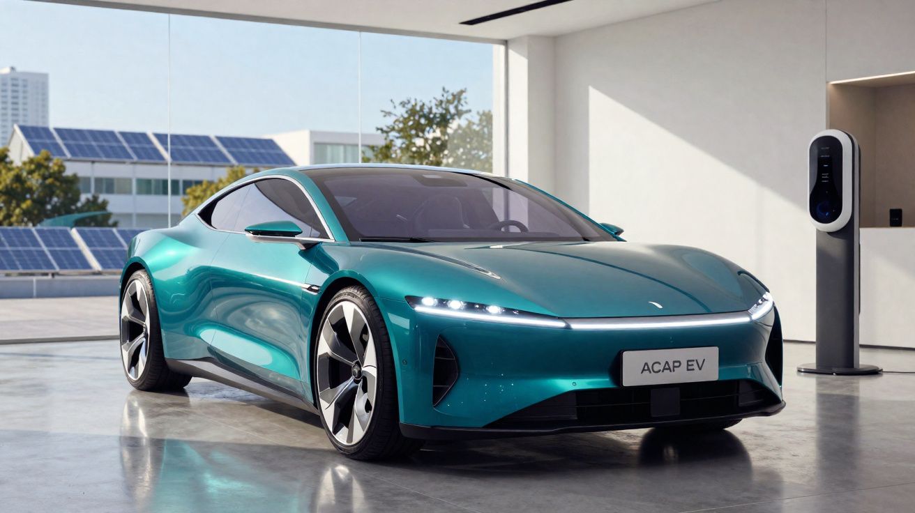 Carro elétrico esportivo verde metálico estacionado em garagem moderna com carregador ao lado.