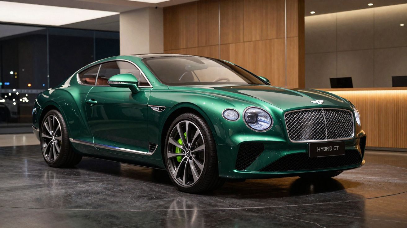 Carro esportivo Bentley Hybrid GT verde em showroom moderno com iluminação suave e piso refletivo.