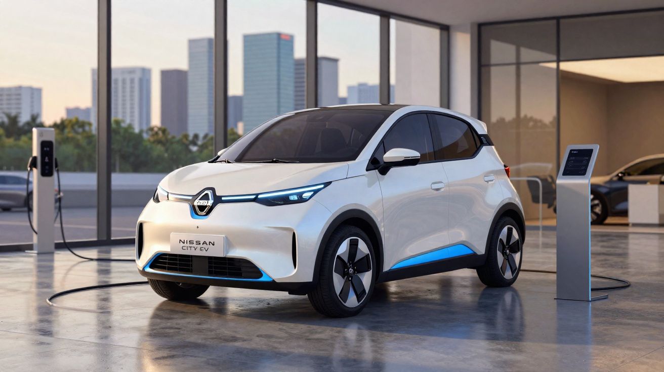 Carro elétrico branco Nissan City EV estacionado em área interna com carregador conectado e prédios ao fundo.