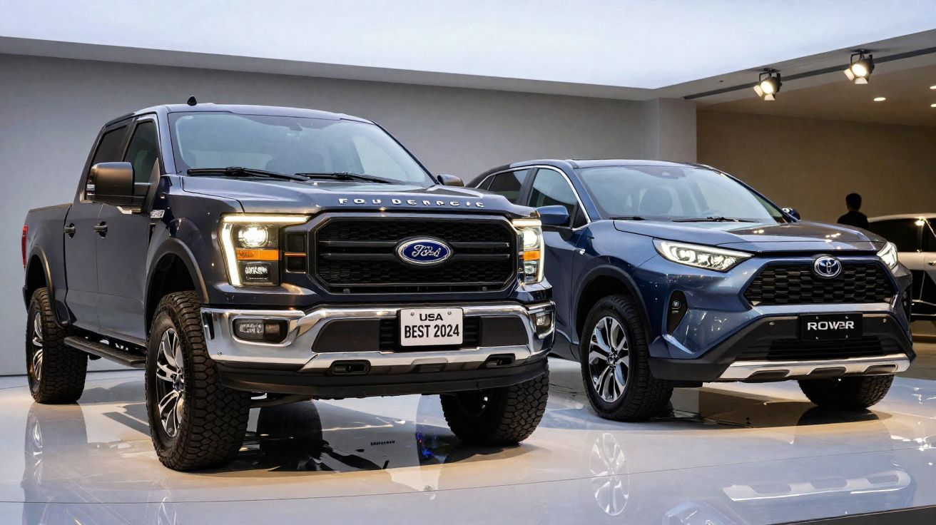 Picape Ford prata e SUV Toyota azul exibidos em showroom moderno.