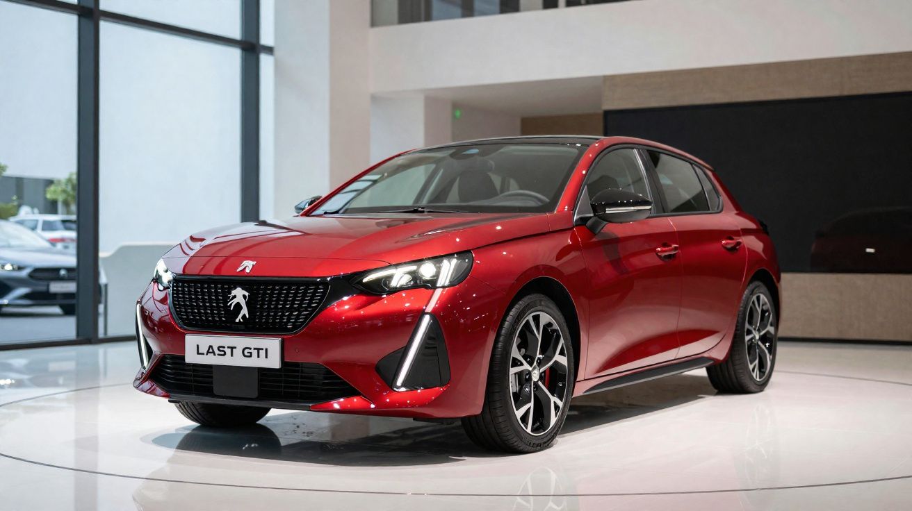 Carro vermelho Peugeot Last GTI exibido em salão de automóveis com teto preto e rodas esportivas.