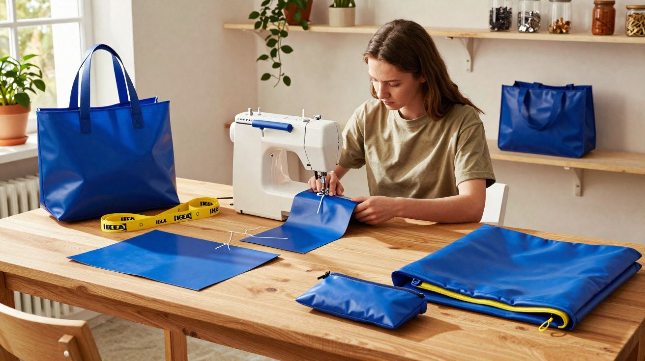 Mulher costurando tecido azul em máquina, com bolsas e acessórios azuis sobre mesa de madeira.