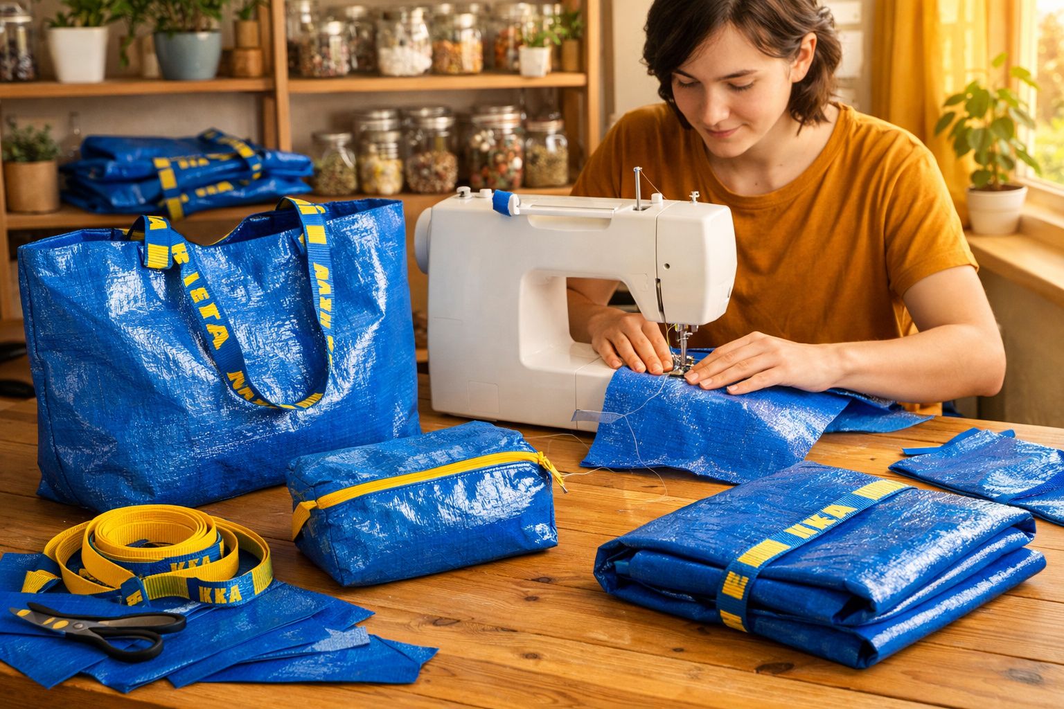 Pessoa costurando com máquina, ao lado de acessórios e bolsas azuis da marca IKEA sobre mesa de madeira.