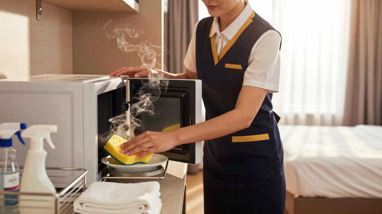 Mulher com uniforme limpando micro-ondas com esponja amarela em quarto de hotel, que tem cama ao fundo.