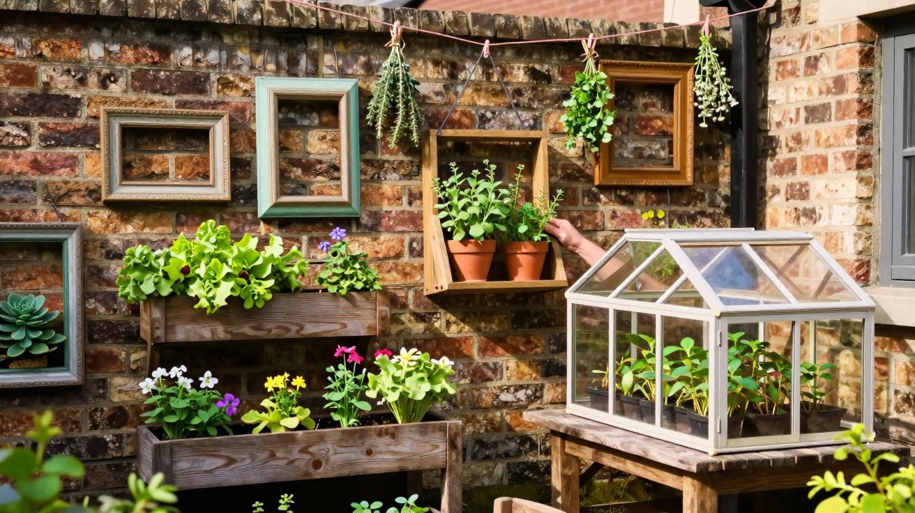 Jardim interno com plantas em vasos, quadro de molduras na parede de tijolos e pequena estufa sobre mesa de madeira.