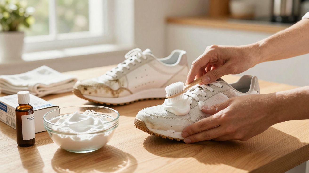 Pessoas limpando tênis branco com escova e espuma em mesa de madeira iluminada pela luz do dia.