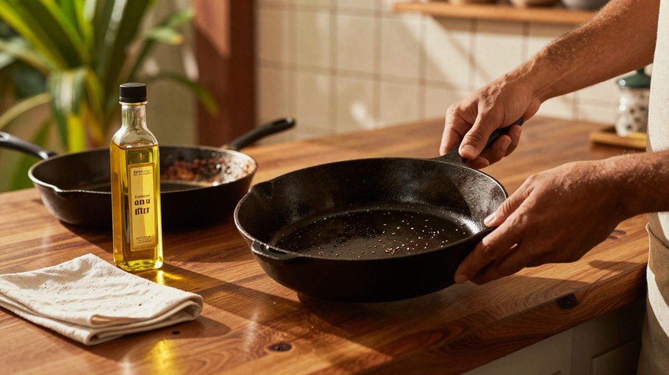 Pessoa segurando frigideira de ferro preto sobre bancada de madeira com azeite e pano ao lado.