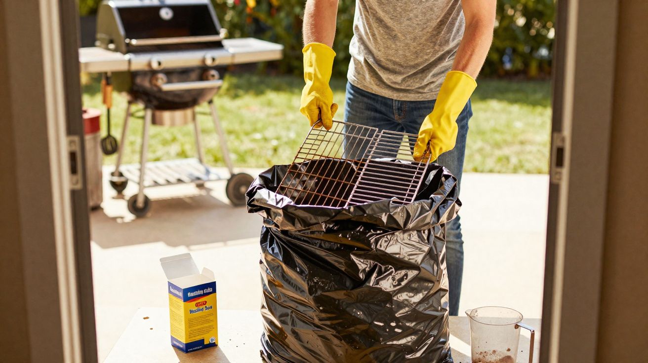 Pessoa com luvas amarelas limpando grelha de churrasqueira e descartando em saco preto de lixo.