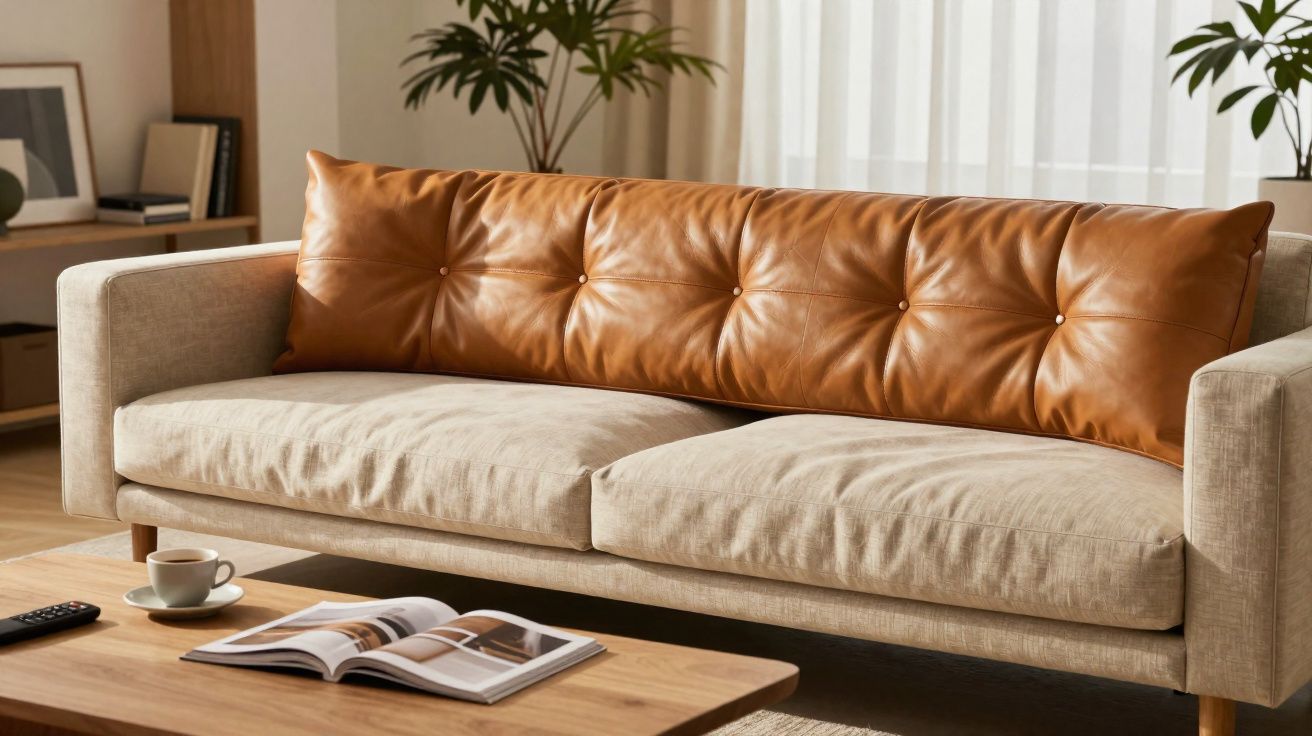 Sofá bege com grande almofada marrom em sala iluminada, mesa com xícara, controle remoto e revista aberta.