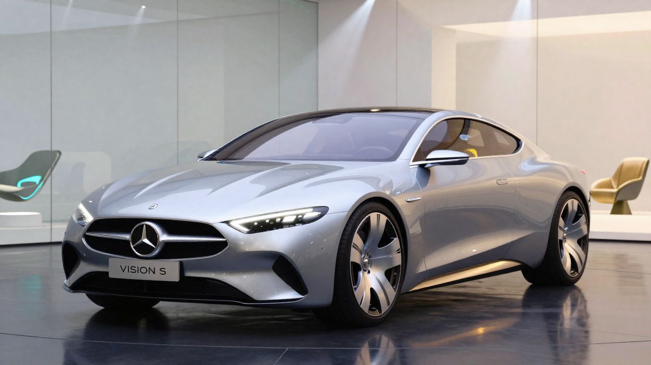 Carro conceito Mercedes-Benz Vision S prata em exposição interna com iluminação suave e polida.