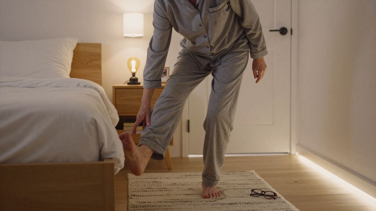 Pessoa de pijama cinza fazendo alongamento na sala ao lado da cama com óculos no tapete.